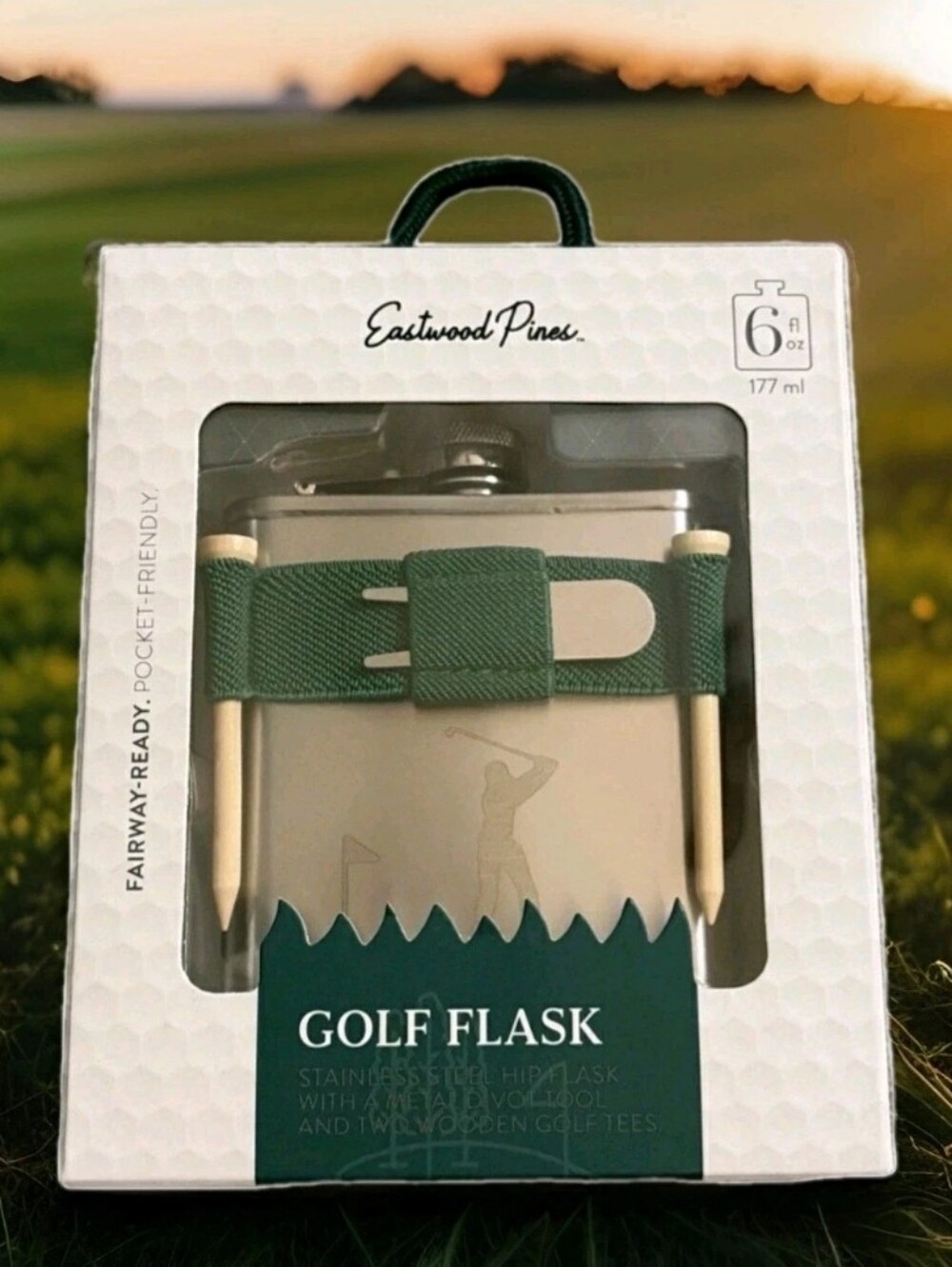 EASTWOOD PINES: STAINLESS STEEL: 6 OZ FLASK: DIVOT TOOL: (2) TEES: GOLF SET: NEW